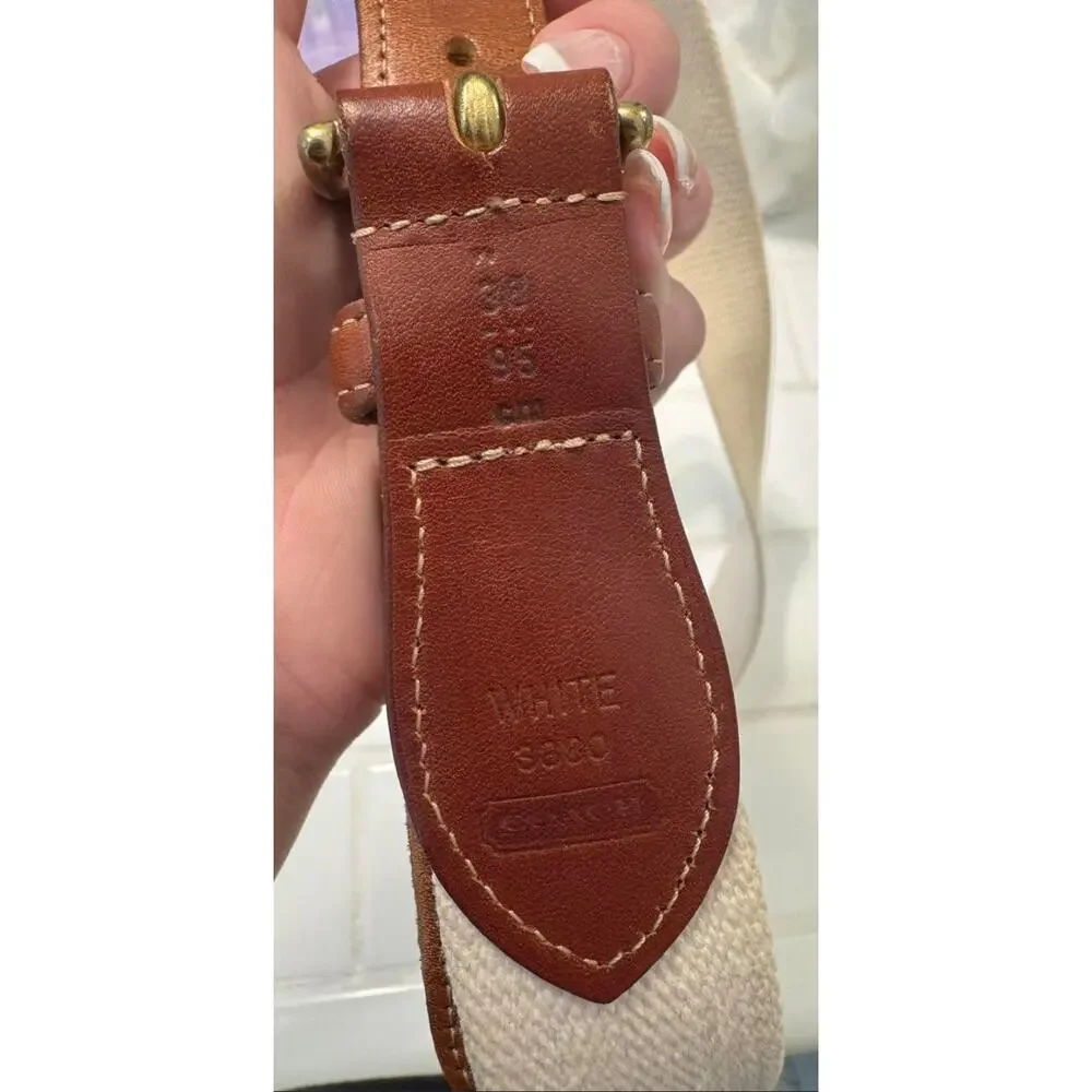 Coach Linen British Tan Leather Belt White SZ 38 Vintage 3380 Boho Rare Preppy